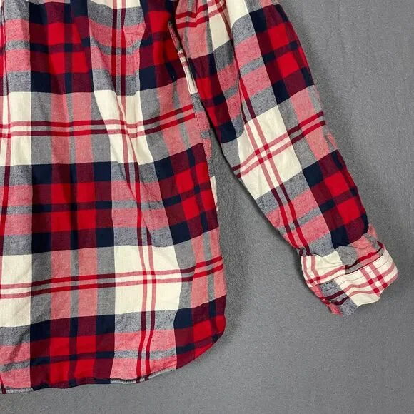 Eddie Bauer Shirt Jacket Women's XL Red Ivory Plaid Hi-Low Button Front Hooded - Picture 9 of 16